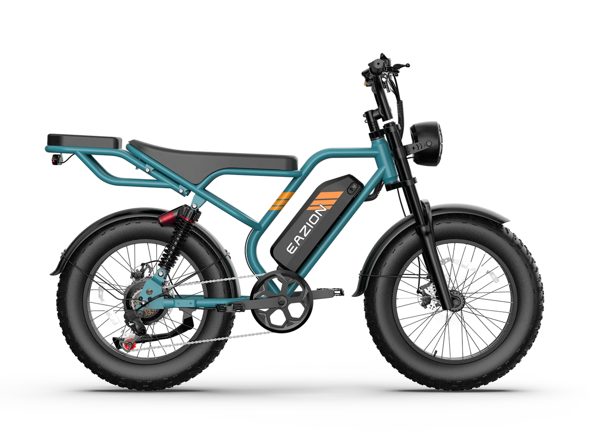 Stylish turquoise green Eazion K9 vintage cruiser electric bicycle with comfortable dual seating.