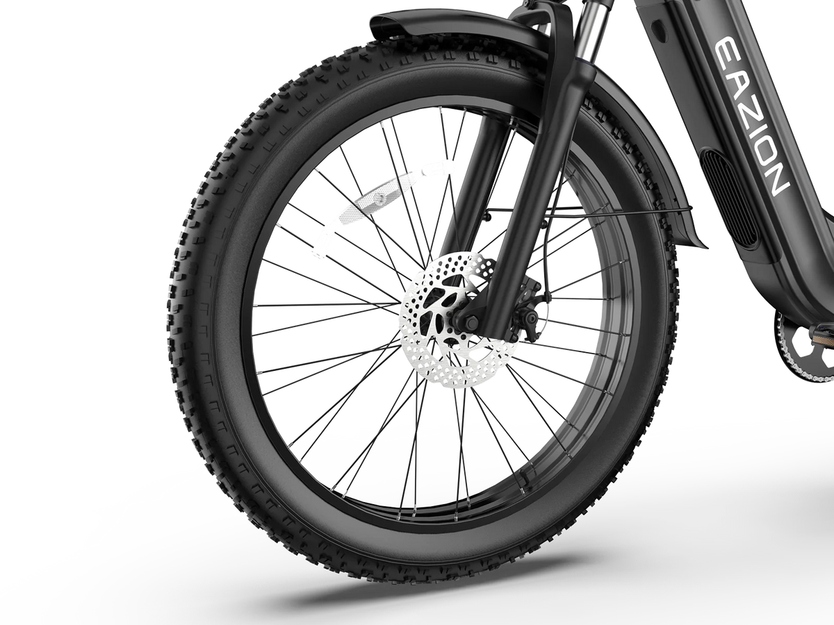 Rugged 26x4.0-inch puncture-resistant all-terrain fat tire and spoked wheel on Eazion N9 Pro