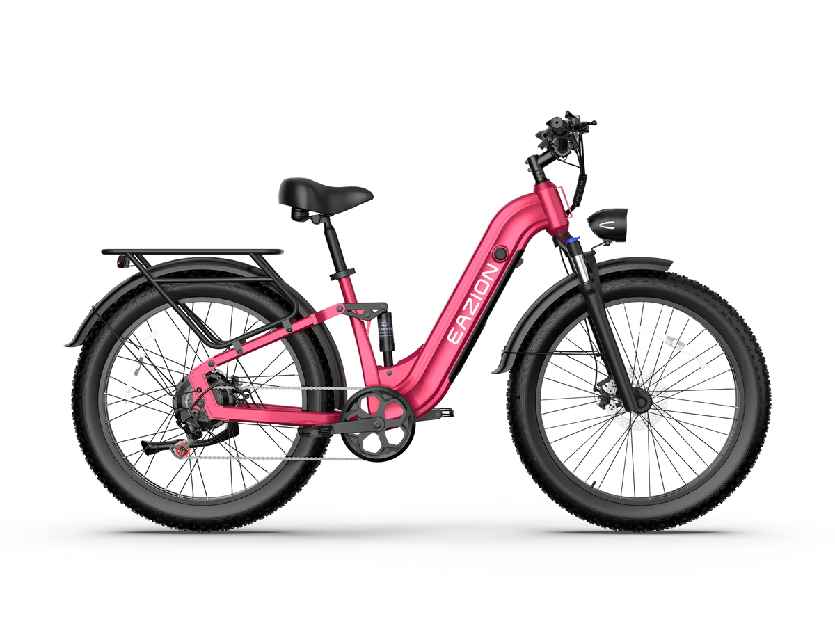 Eazion N9 Pro step-thru fat tire ebike in vibrant Coral Pink for stylish outdoor riding