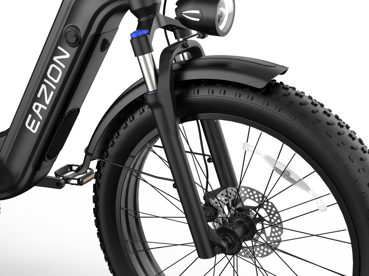 Adjustable front suspension fork absorbing bumps on Eazion N9 Pro 26x4.0 fat tire ebike