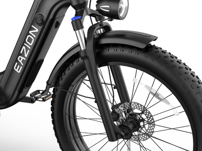 Adjustable front suspension fork absorbing bumps on Eazion N9 Pro 26x4.0 fat tire ebike