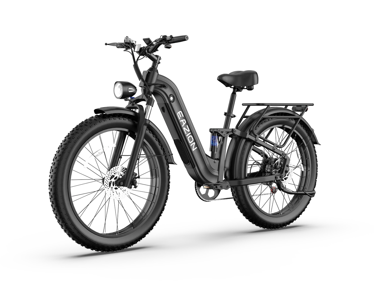 Left side profile of Eazion N9 Pro full suspension fat tire ebike with low step-thru frame