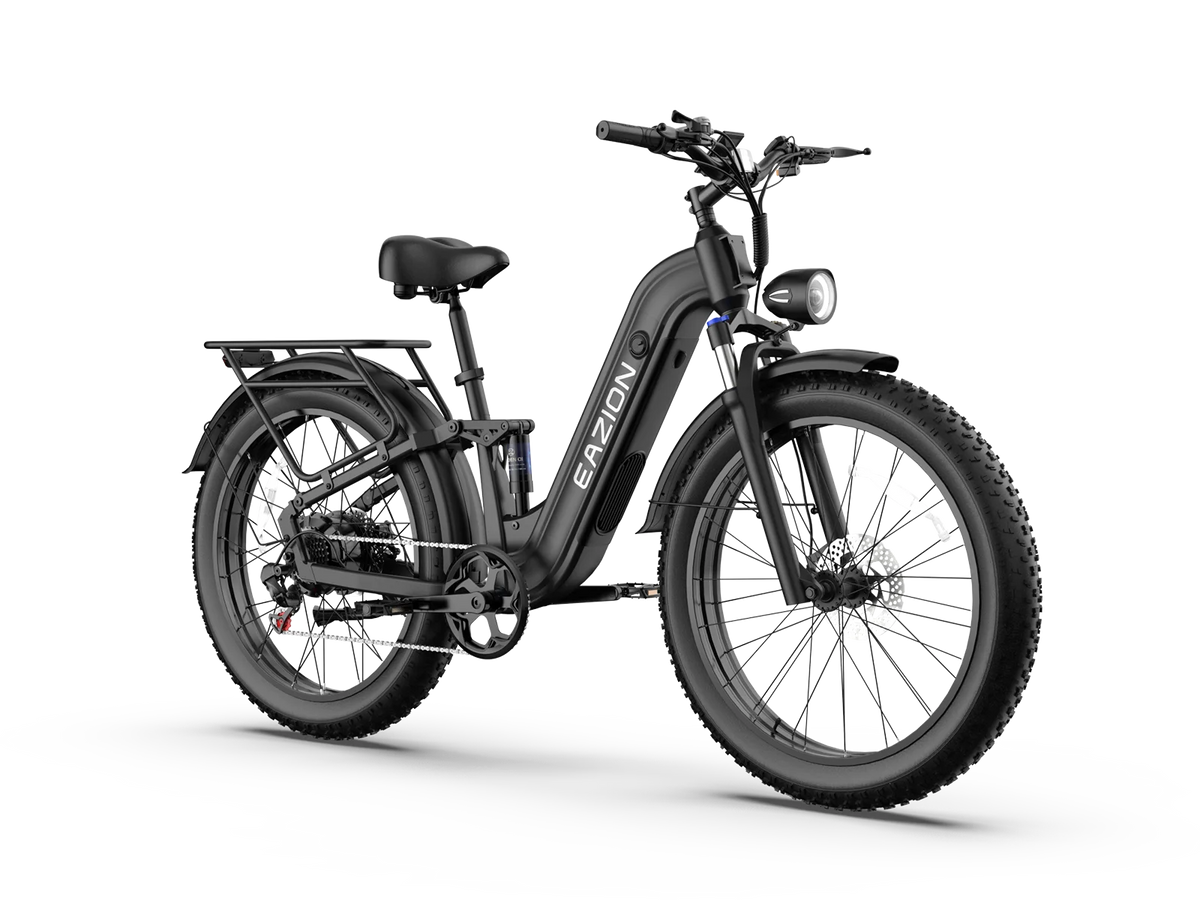 Eazion N9 Pro step-thru full suspension fat tire electric bike with 500 lb payload cargo rack
