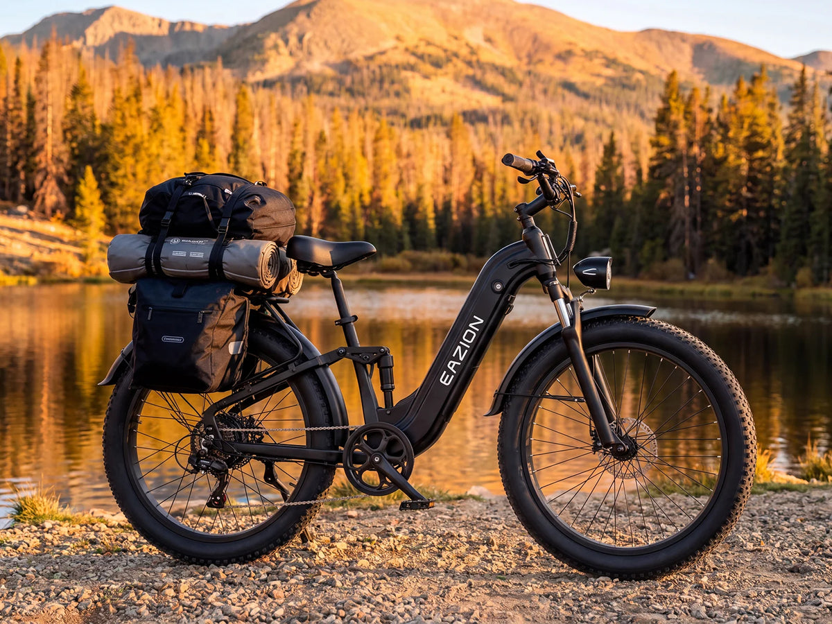 Eazion N9 Pro full suspension fat tire ebike loaded with 500 lb camping gear by mountain lake