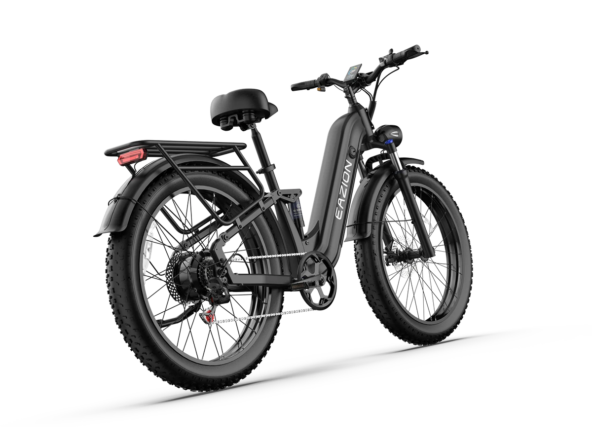Rear three-quarter view of Eazion N9 Pro step-thru electric fat tire bike with cargo carrier