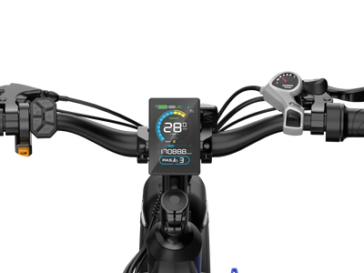 Smart full-color LCD display showing speed and battery level on Eazion N9 Pro fat tire bike handlebar